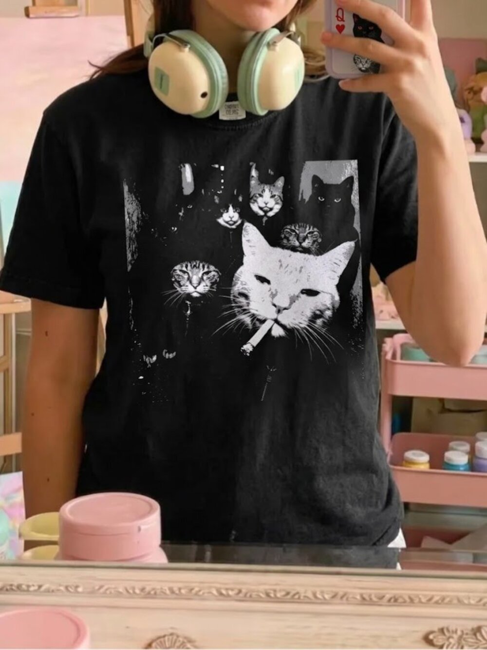 Gildan Graphic T-Shirt Heavy Cotton Smoking Cat Memes Black S-XL Gift for Cat